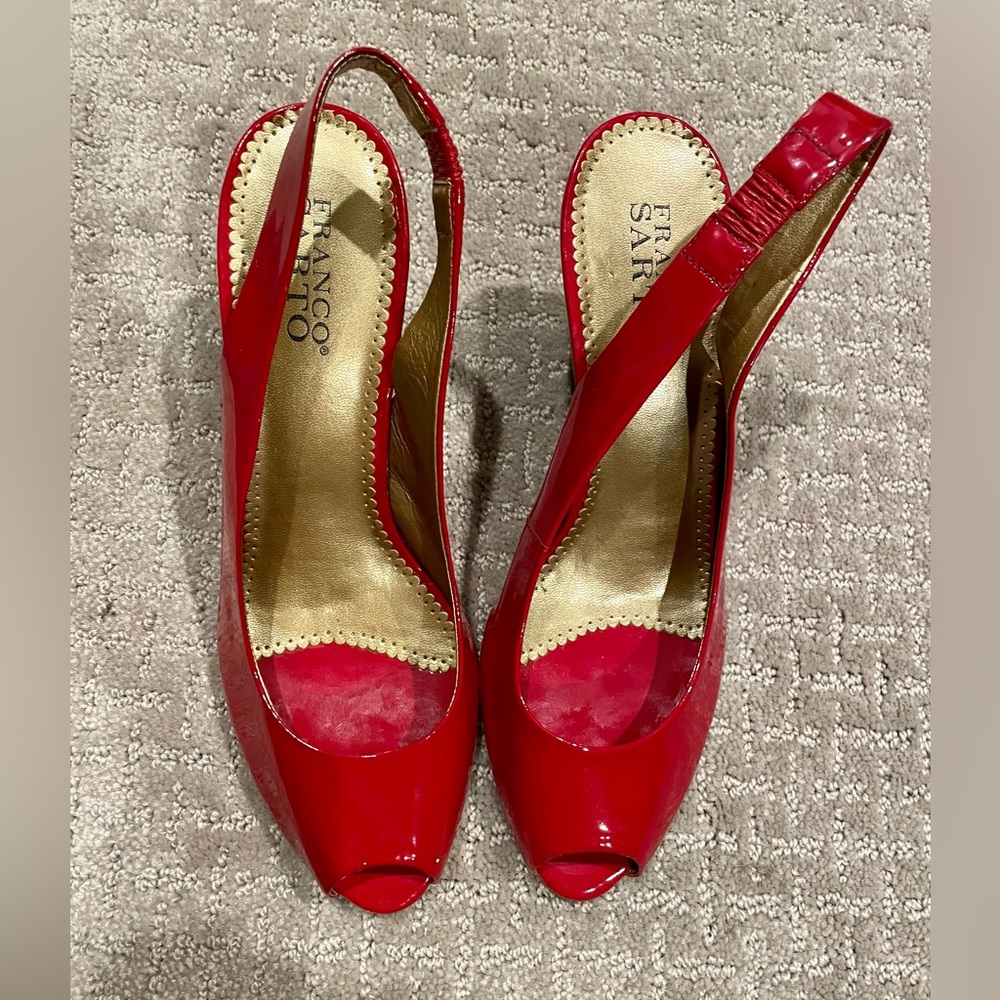 Red peep toe wedges, size 8.5